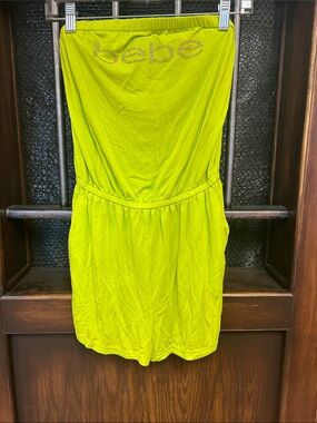 bebe Lime Green Strapless One-Piece Romper with Rhinestone Logo